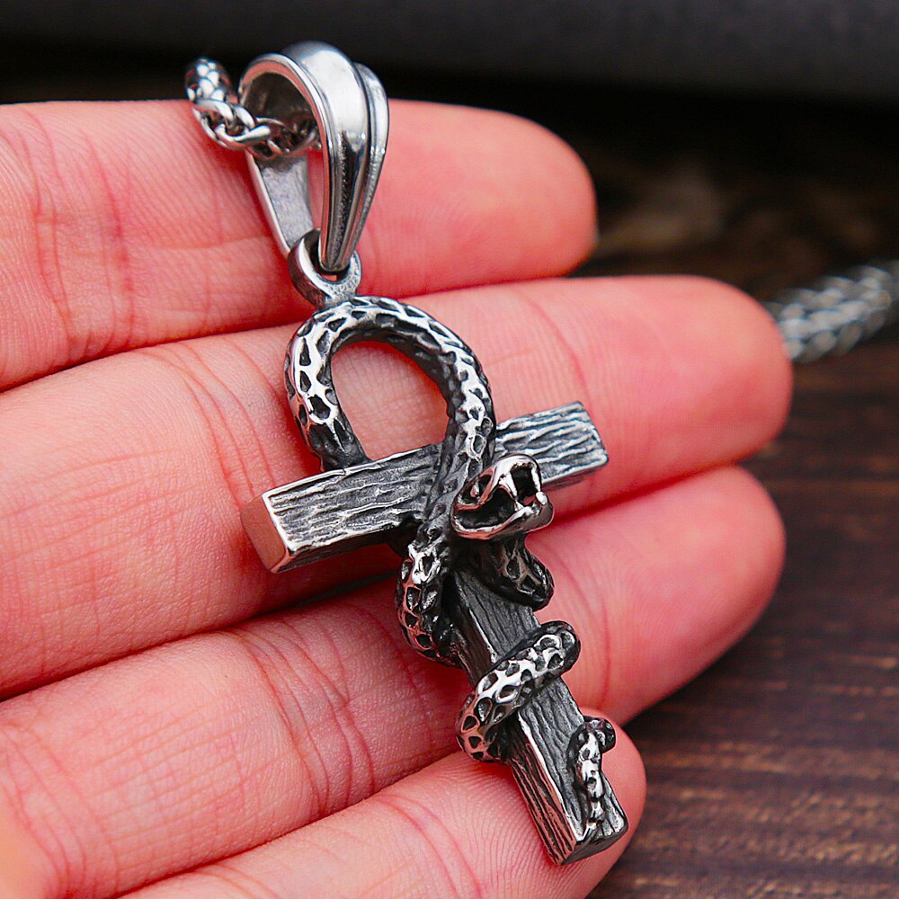 Vintage Stainless Steel Cross Snake Necklace Men Fashion Ancient Egypt Cross Pendant