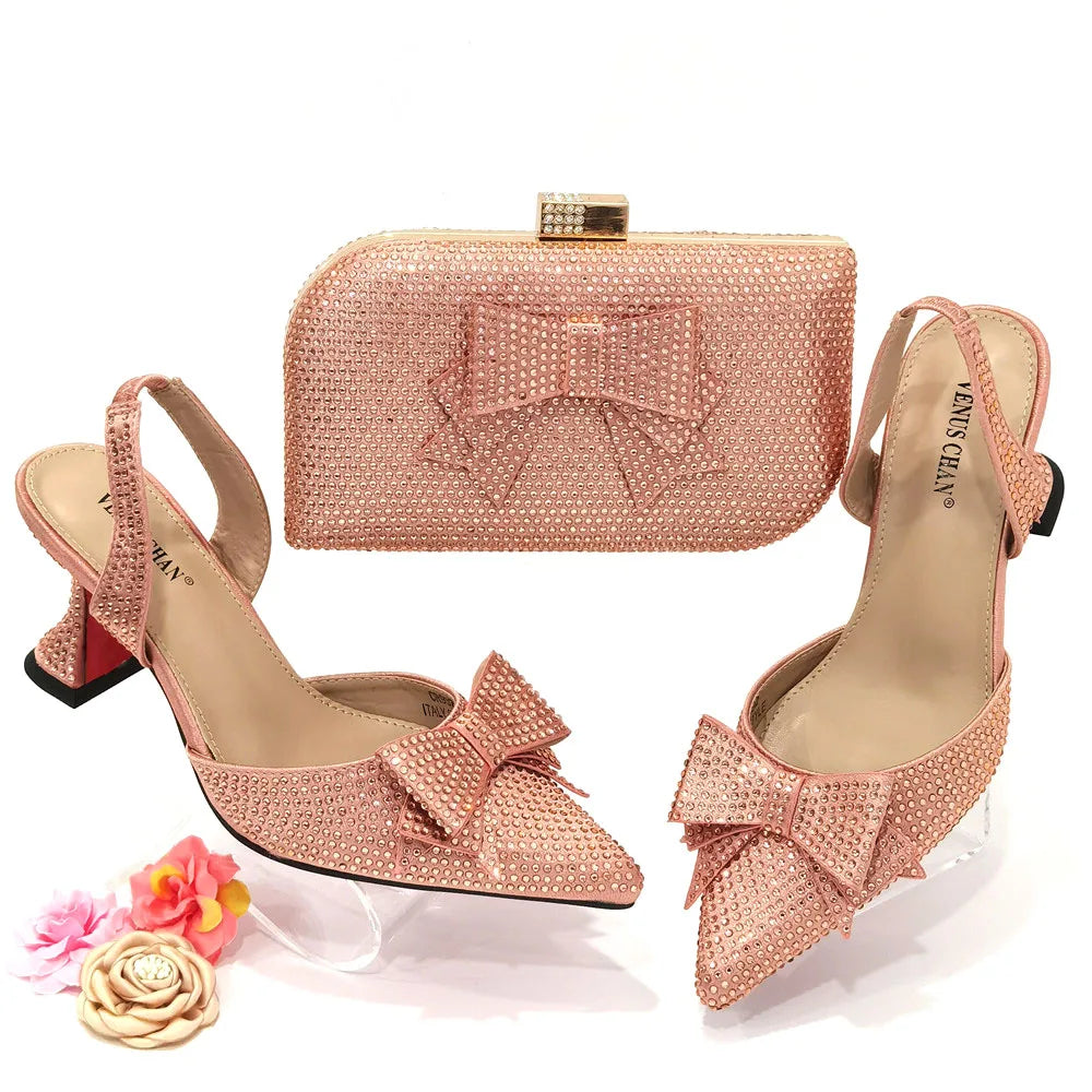 Spring Autumn Shinning Crystal Design Shoes Matching Bag Set