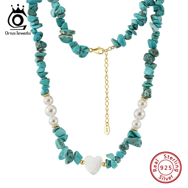 Irregular Turquoise Necklace with Shell Pearl 925 Silver Green Stone Chain Heart