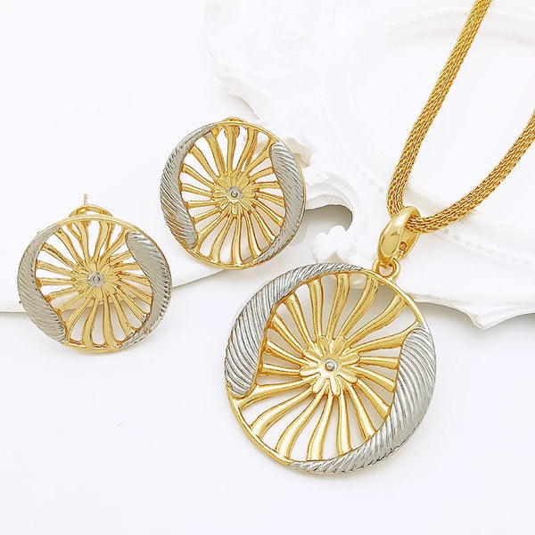 Dubai Earring For Women Two Tone Round Shape Earring And Necklace 2Pcs Set