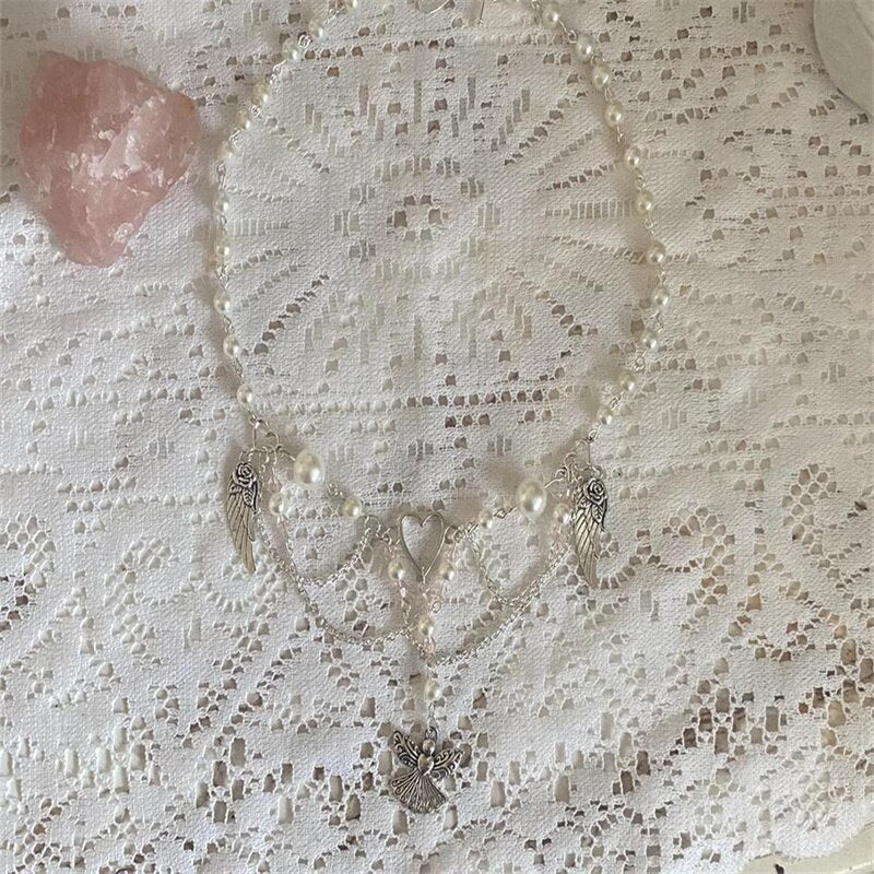 Handmade Fairycore Pearl Crystal RosaryNecklace