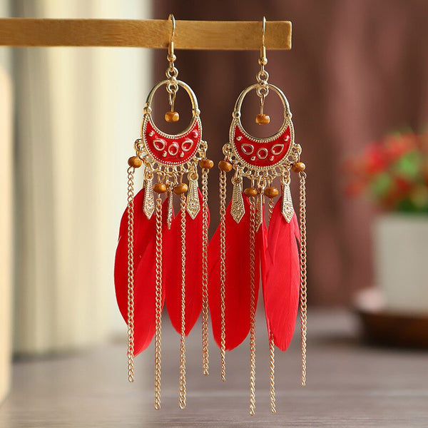 Ethnic Fashion Long Red Feather Earrings for Women