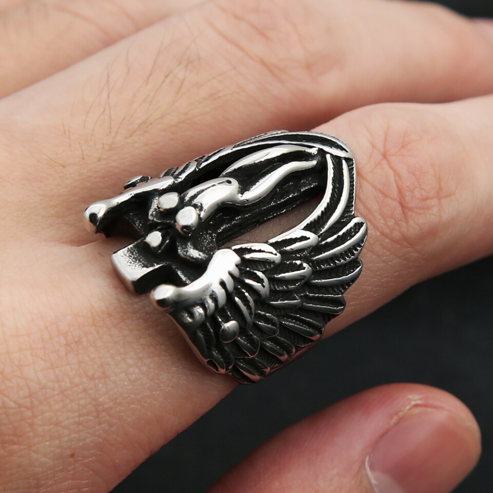 Punk Vintage Stainless Steel Angel Wings Ring For Men Women