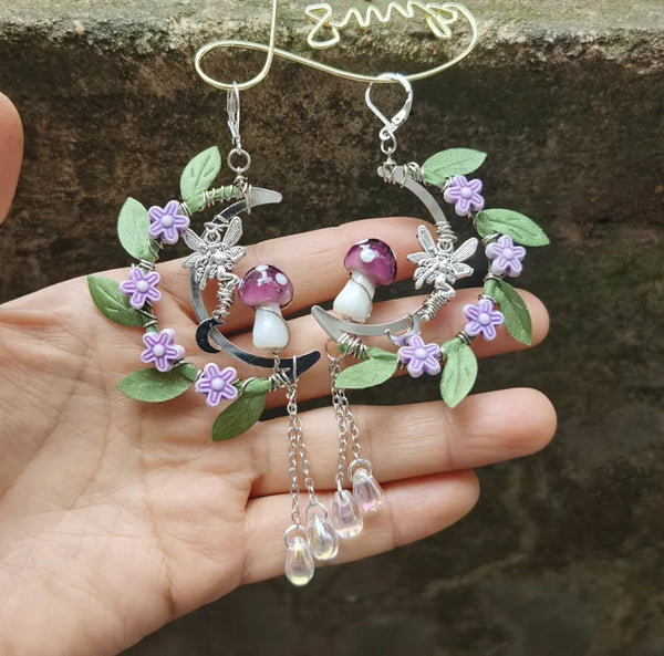 Handmade Mushroom with Leaf Earrings Mushroom Dangle Drop Earrings