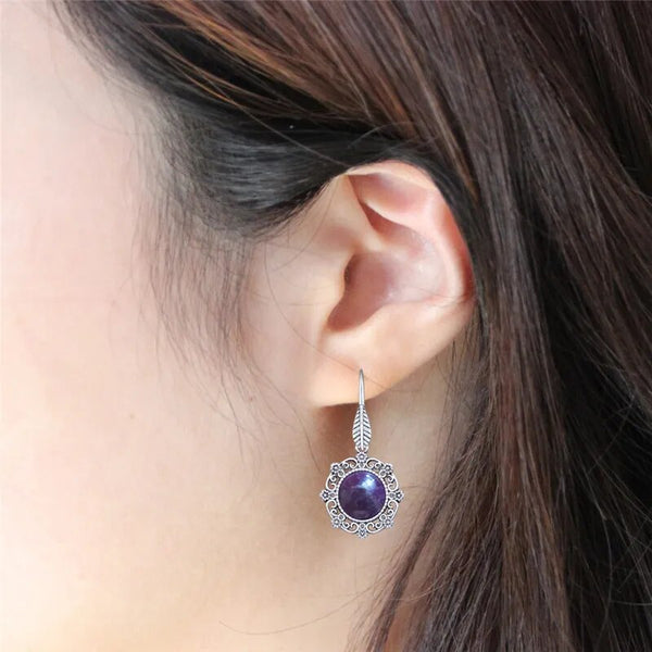 Vintage Flower Pendant Natural Stone Amethysts Earrings For Women