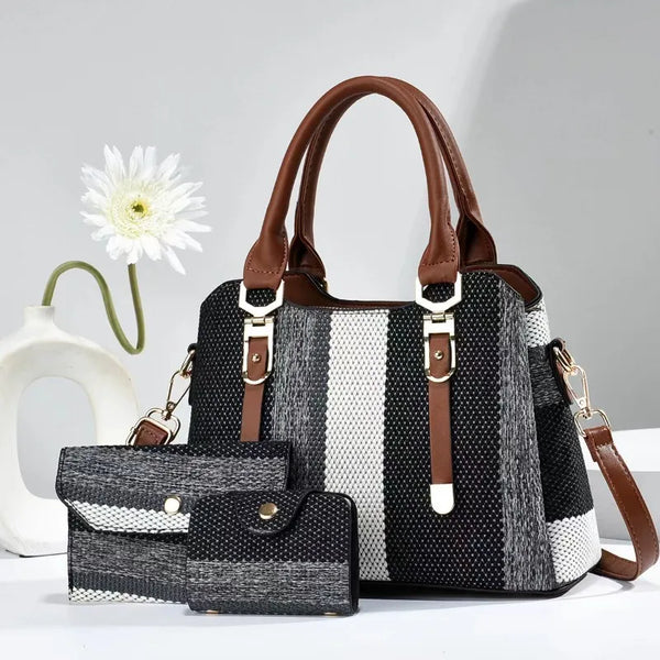 High Quality Shoulder Bag of Women Striped 3 Piece Set Canvas Crossbody Composite Tote Bags