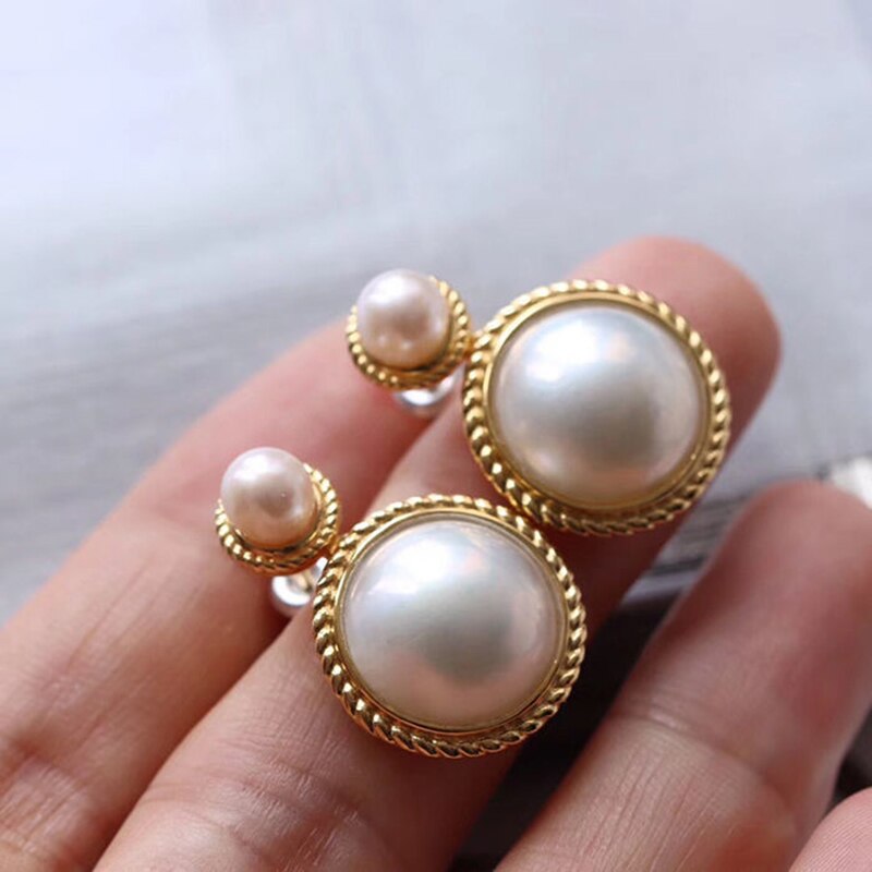 original silver inlaid round pearl earrings