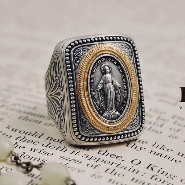 New Hand-inlaid Vintage Silver Ring Literary Faith Holy Brand Ancient Coin Atmosphere Rings