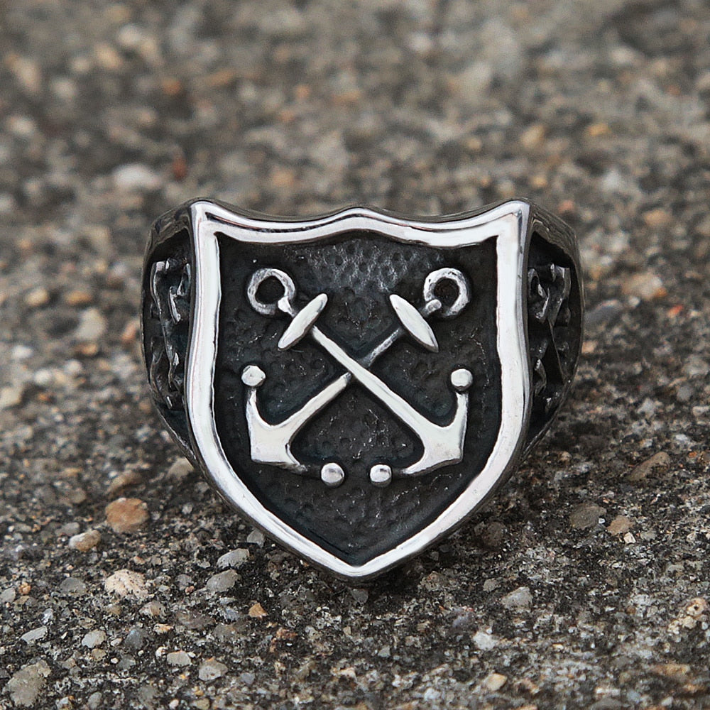 Vintage Men Viking Anchor Ring Unique Pirate Shield Anchor Biker Ring