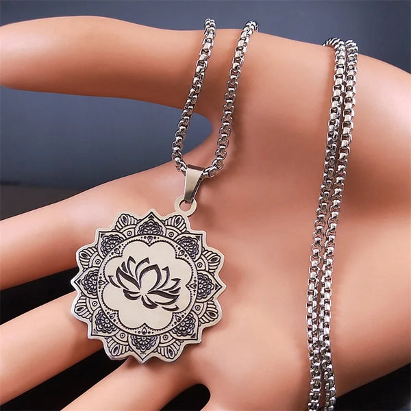 Yoga Lotus Flower Chakra Necklace Silver Color Buddhist Symbol Chain Necklaces