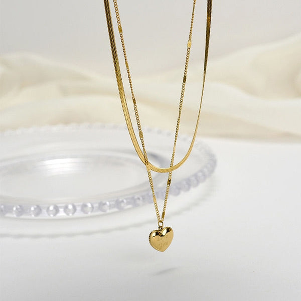 316L Stainless Steel Necklace Gold Color Double Layer Heart Pendant