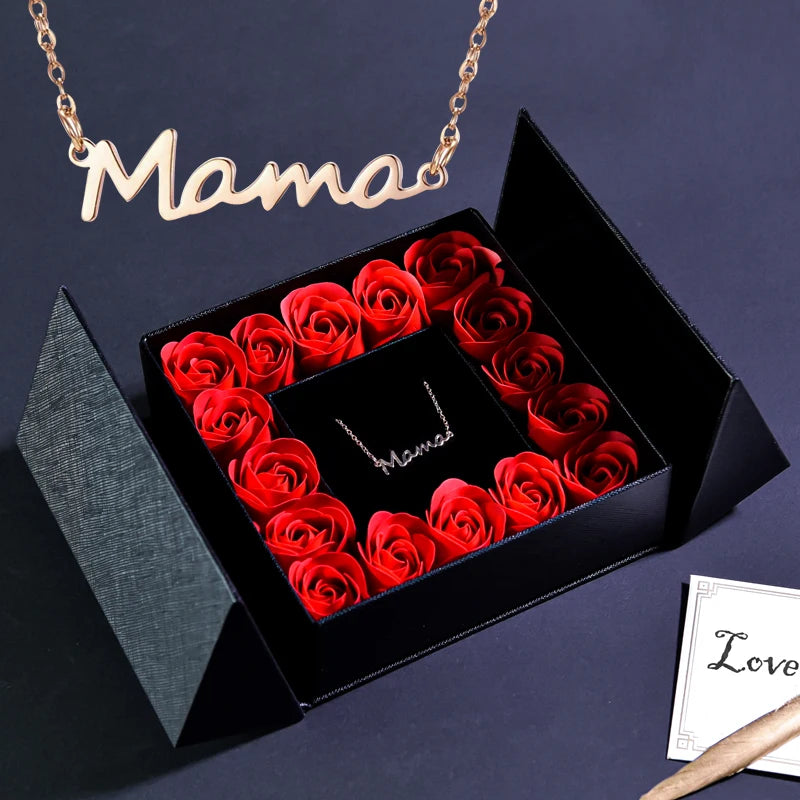 Letter Word Mama Pendant Necklace with Soap Rose Gift Box for Women