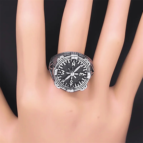 Vintage Stainless Steel Compass Sailor Ring for Women Men