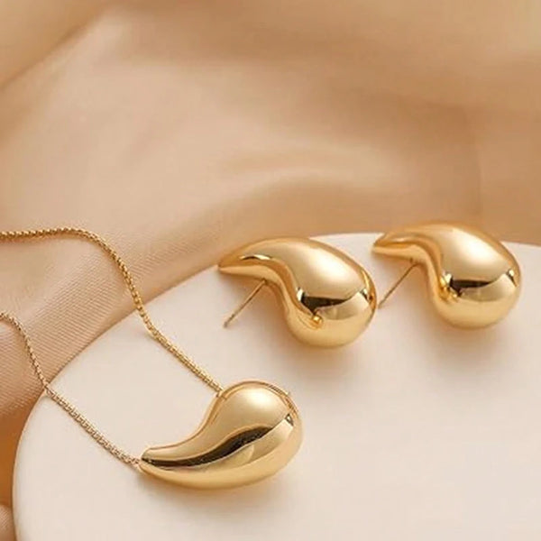 2PCs Set Water Drop Earring Necklace Set Gold Color