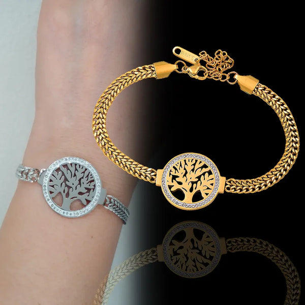 Stainless Steel Hollow Tree Crystal Round Bracelets Gold Color Hand Chain For Women