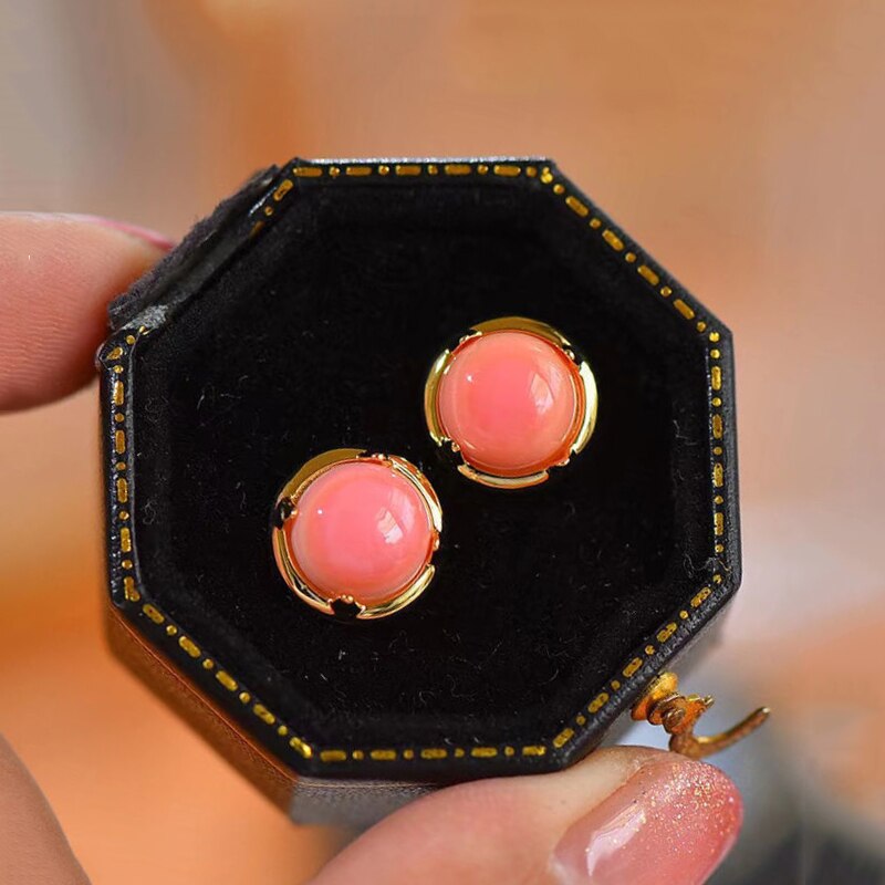 Original design new silver inlaid round pink enamel earrings for women