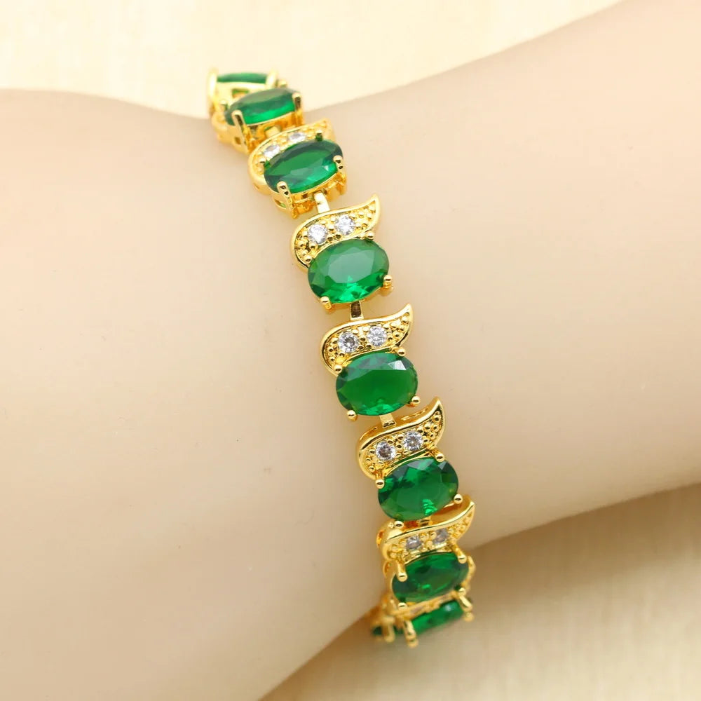 Green Stones Gold Color Jewelry Sets For Women