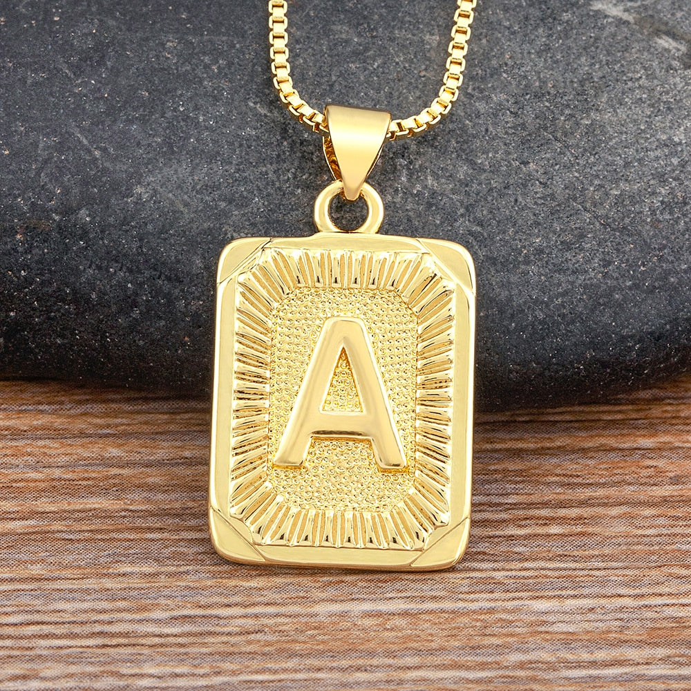 Light Luxury Design Geometric Inlay A-Z Letter Pendant Gold Plated Necklace