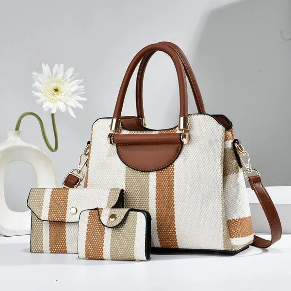 Striped Woven Handbag Tote Women's Fashion Bags Contrast Color Large Capacity 3 Piece Set