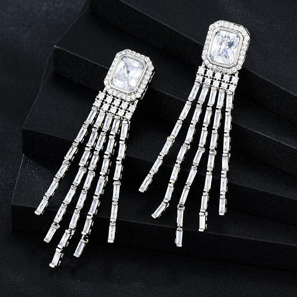 Trend Luxury Gorgeous Long Tassel Earrings For Women CZ Wedding Bridal Jewelry Gift