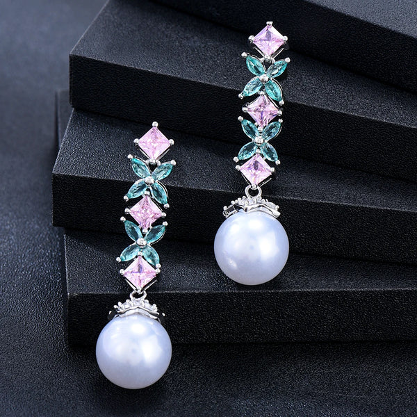 Easy Wear Lovely Geometric Flower Milticolor Cubic Zirconia Pearl Drop Earrings for Women