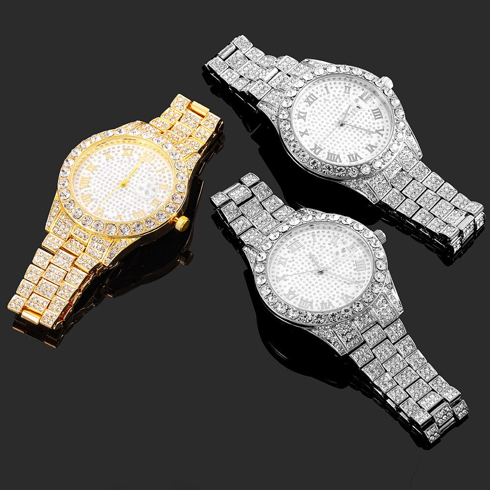 Iced Out Diamond Watch Quartz Gold Silver Color Micro  Stainless Steel Watch