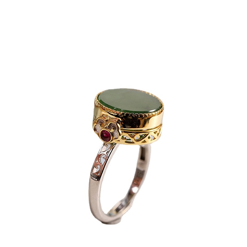 New silver round natural Hetian jasper rings for women