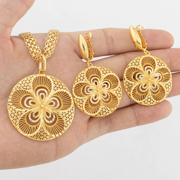 African Flower Shape Dubai Copper Earrings Necklace Round Hollow Pendant Jewelry Set