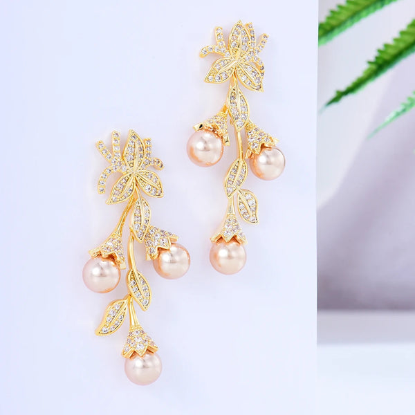 New Trendy Pearl Earrings Bohemia Luxury Bridal Wedding Full Charm Cubic Zirconia Charm Design Women