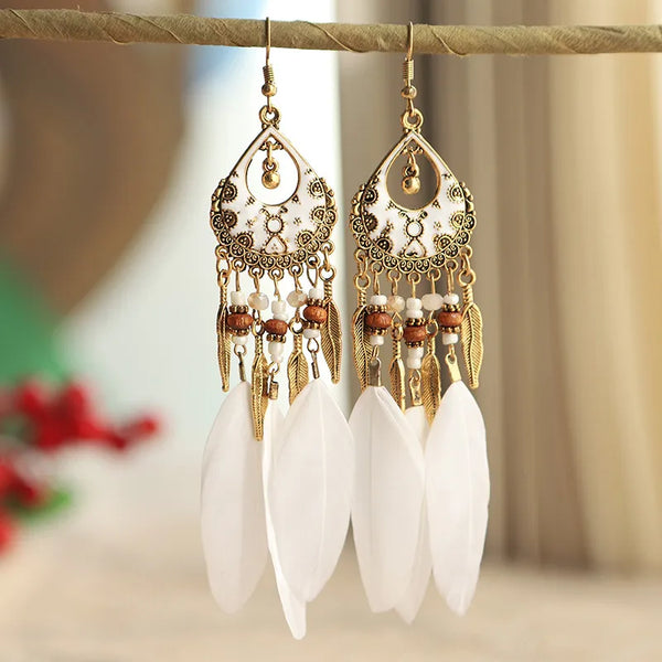 Bohemian Vintage Long White Feather Earrings for Women