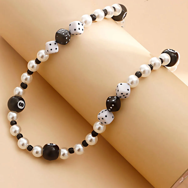 Hiphop Black Billiard Black 8 Dice Pearl Necklaces for Women