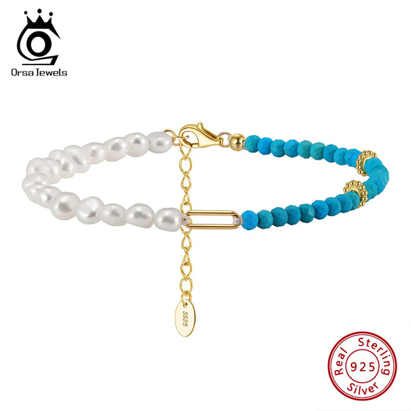 925 Sterling Silver Vintage Turquoise Chain Bracelet with Natural Pearls for Women