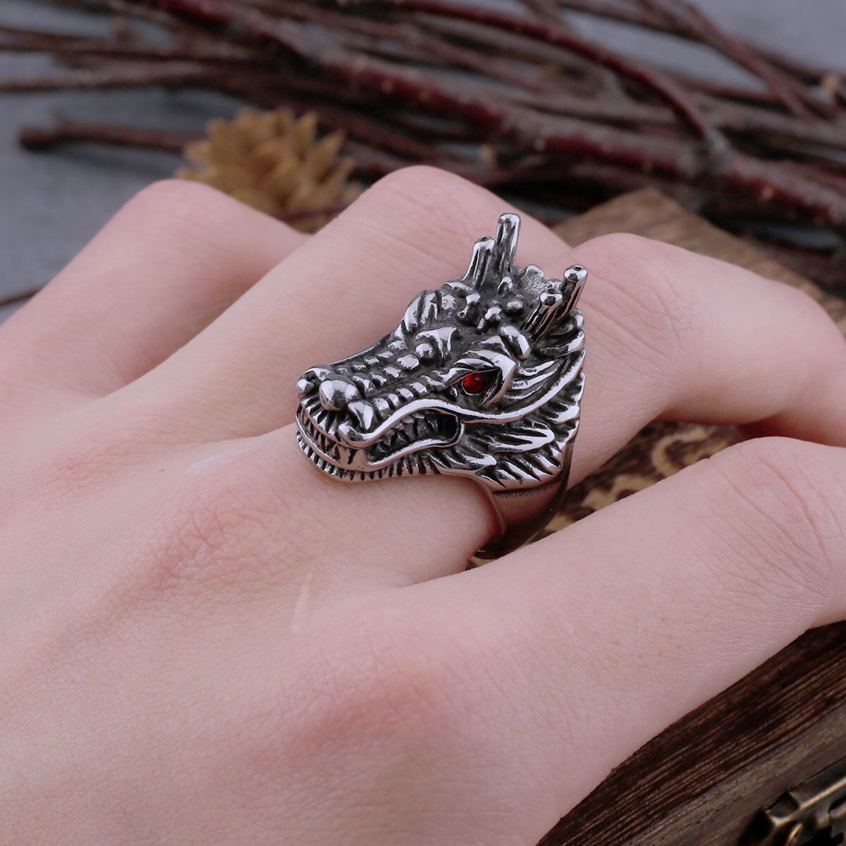 Men's Stainless Steel Hip Hop Red Eye Dragon Ring