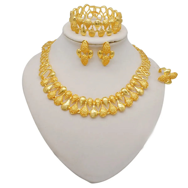 Fashion Dubai Gold Color Jewelry Sets Bridal Wedding Earring Ring Bracelet Set