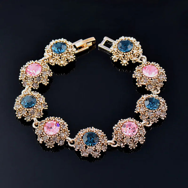 Vintage Cubic Zirconia Flower Bracelet Antique Gold Color Chain Hollow Bangle For Women