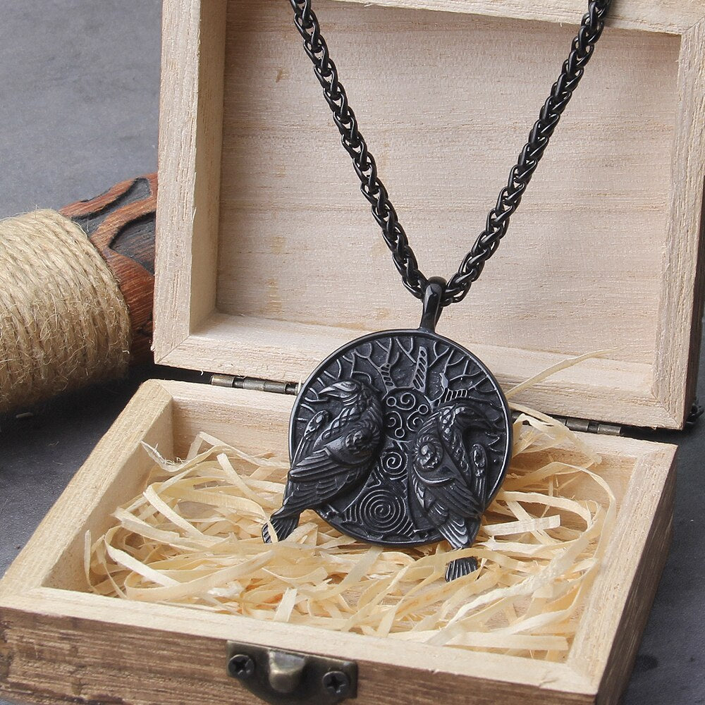 black Norse Odin Huginn And Muninn Raven Pendant Necklace