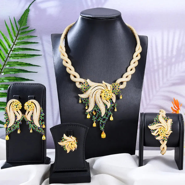 Gorgeous Luxury Charm Big Necklace Earrings Bangle Ring Jewelry Set For Bridal Wedding