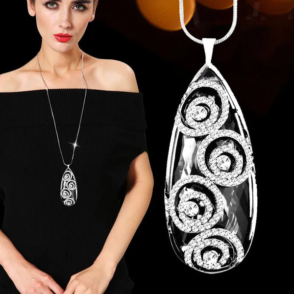 Female Pendant Necklace Black Zirconia Flower Long Chain Necklace Women