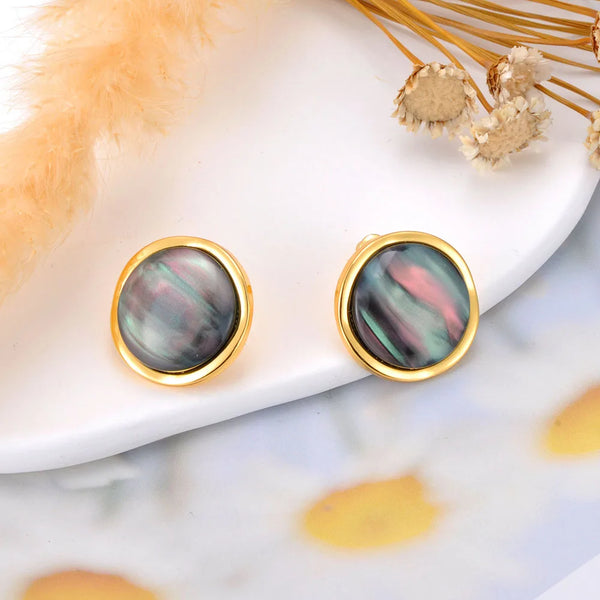 Vintage Stainless Steel Round Shell Stud Earrings For Women