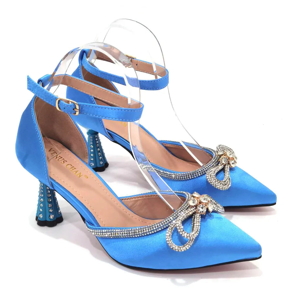 Sky Blue Comfortable Streamline Pointed Toe Noble Ladies Stiletto Shoes and Bag