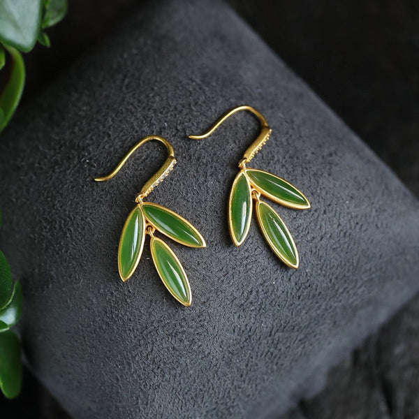 Designer original natural Hetian jade bamboo leaf turquoise earrings