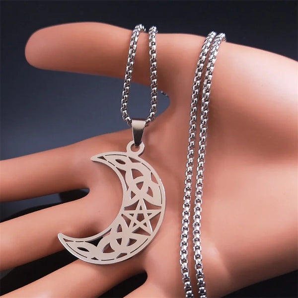 Witchcraft Moon Crescent Star Necklace Stainless Steel Irish Knot Trinity Symbol Pendant Necklaces