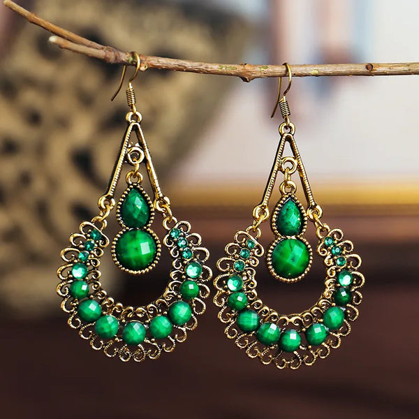 Ethnic Style Green Rhinestone Water Drop Earrings for Women