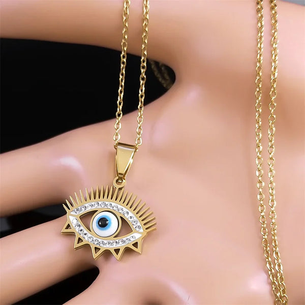 Turkey Blue Eye Necklace for Women/Men Stainless Steel Rhinestone Gold Color Lucky Pendant Necklaces