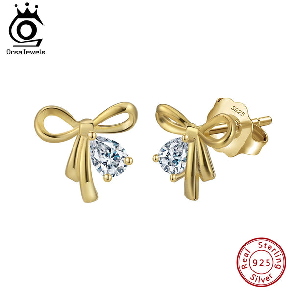 925 Silver Romantic Bowknot Stud Earring With Shiny Zircon Pendant for Women