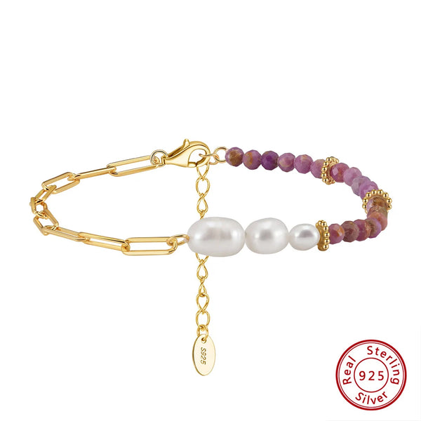 Gold 925 Sterling Silver Purple Mica Bracelet with Natural Pearls for Women