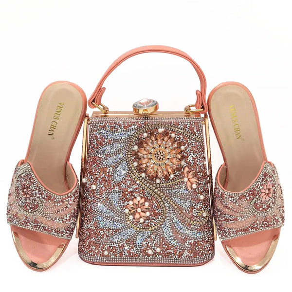 African Matching  Latest Peach Color Matching Italian Shoe and Bag Set Decorated with Rhinestone