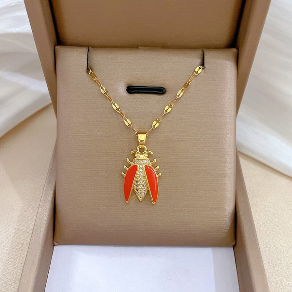 Gold Plated Temperament Animal Cicada Gemstone Pendant Girl Necklace