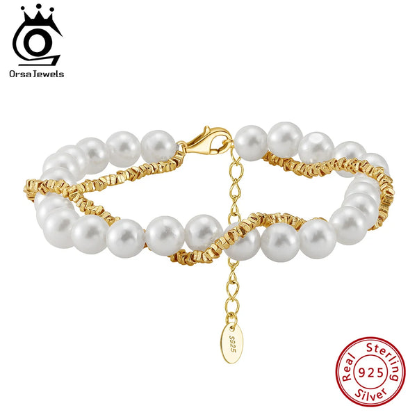 Freshwater Pearls Double Layered Chain Bracelet Classic 925 Silver Beads Bracelet