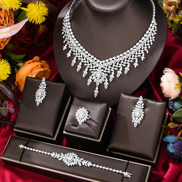 Luxury Necklace Earrings Bracelet Rings Jewelry Sets 4PCS For Women Indian Nigerian Wedding Jewelery Set